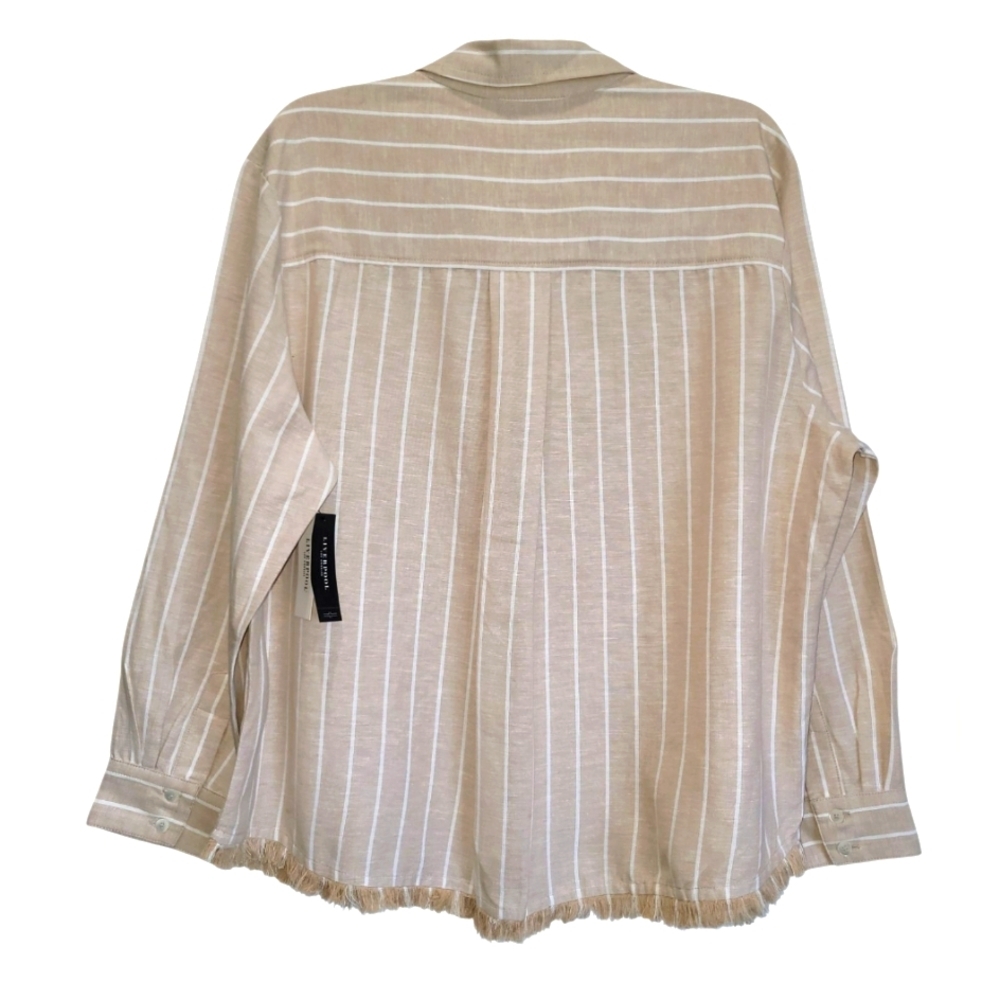 XL LIVERPOOL Linen Blend Striped Button Down Fringe Hem Lagenlook Shirt - Picture 5 of 8
